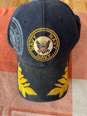 Navy Embroidered Baseball Cap - Navy Blue with Gold Accents